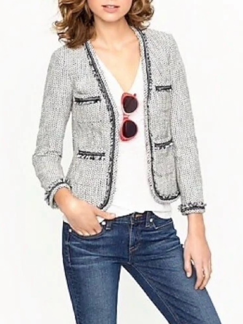 J.Crew Terrazzo Tweed jacket featuring a navy and cream textured fabric size 0